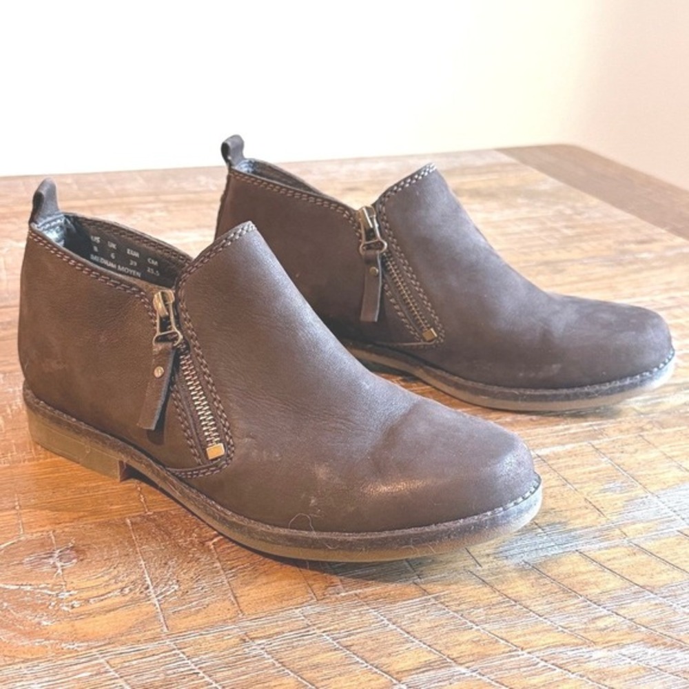 Hush Puppies Womens Brown‎ Leather Side Zip Ankle Boots Booties Shoes Size 7.5